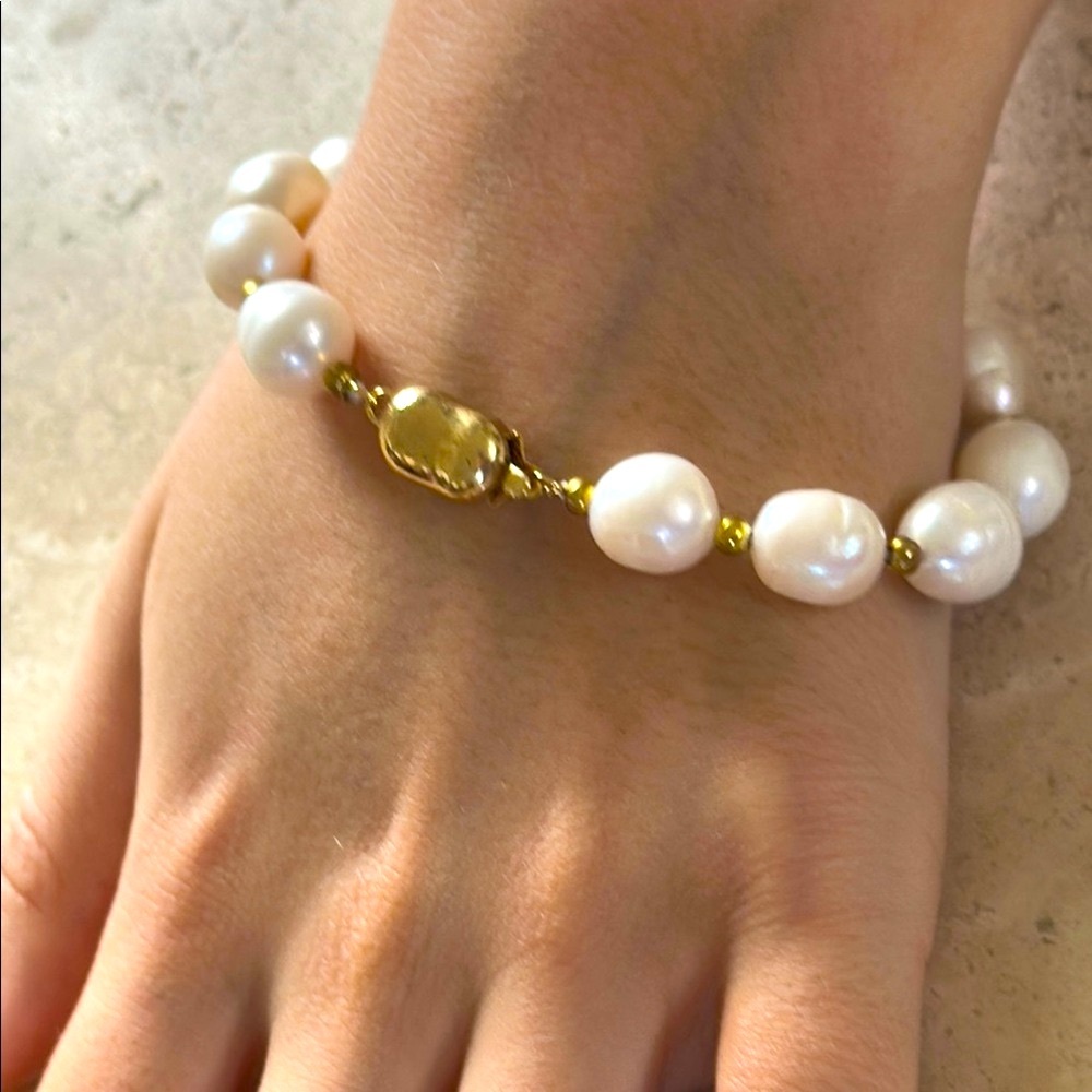 White Pearl Bracelet with Gold Accents
